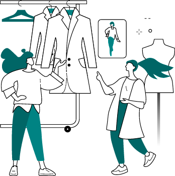 Fashion product team reviewing apparel on a connected cloud platform